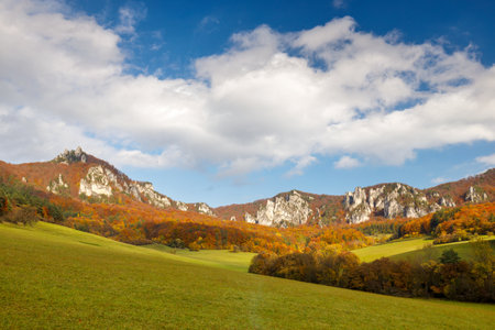 Autumn mountain landscape with a rocky hills. The Sulov Rocks, national nature reserve in northwest of Slovakia, Europe.の写真素材
