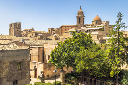 Historic stone building with Church of Saint Julian in Erice town in northwestern Sicily near Trapani, Italy, Europe.の写真素材