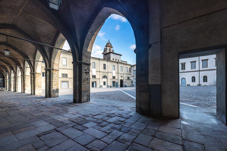 Archway at Piazza Cittadella square in Bergamo Upper City, Italy, Europe.の写真素材