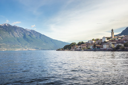 Lake Garda with Limone Sul Garda town and mountains in background, Italy, Europe.の写真素材