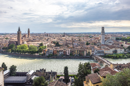 Panoramic view of the Verona city from Castel San Pietro castle, Italy, Europe.の写真素材
