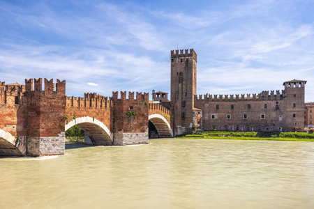 Castelvecchio castle with Ponte di Castelvecchio bridge also known as Scaliger Bridge over Adige River in Verona town, Italy, Europe.の写真素材