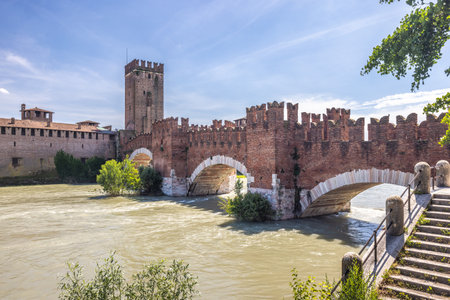 Castelvecchio castle with Ponte di Castelvecchio bridge also known as Scaliger Bridge over Adige River in Verona town, Italy, Europe.の写真素材
