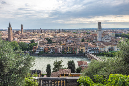 Panoramic view of the Verona city from Castel San Pietro castle, Italy.の写真素材