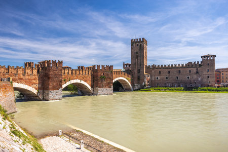 Castelvecchio castle with Ponte di Castelvecchio bridge also known as Scaliger Bridge over Adige River in Verona town, Italy, Europe.の写真素材