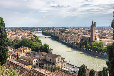 Panoramic view of the Verona city from Castel San Pietro castle, Italy, Europe.の写真素材