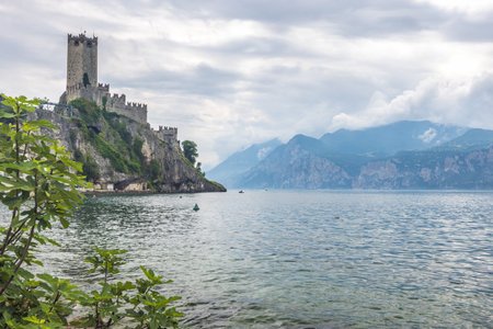 Lake Garda with The Scaliger Castle in Malcesine town on the eastern shore of the lake, Italy, Europe.の写真素材