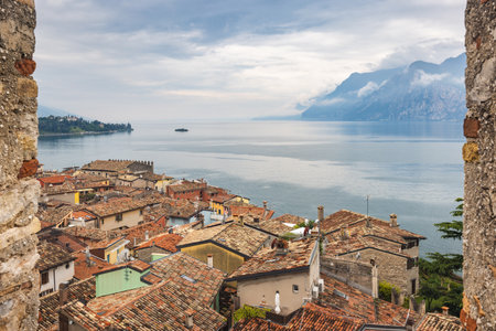 Malcesine town on the eastern shore of Lake Garda, view from The Scaliger Castle, Italy, Europe.の写真素材