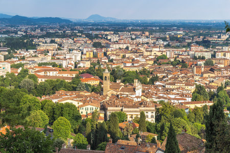 Panoramic view of the Bergamo Lower City seen from the Upper City, Italy, Europe.の写真素材