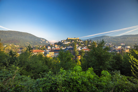 Jajce town in Bosnia and Herzegovina, Europe. Hilltop Settlement: A scenic view of a European town...