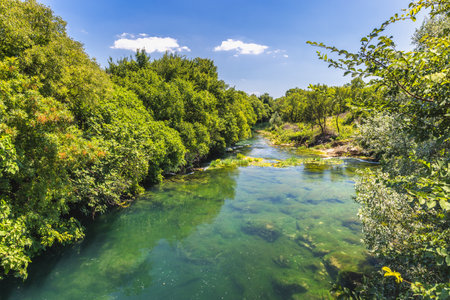 Kocusa waterfall in village Veljaci, Bosnia and Herzegovina, Europe. Crystal-clear river flows serenely under a sunny sky, bordered by vibrant green trees. Natures tranquility in beautiful landscape.の写真素材