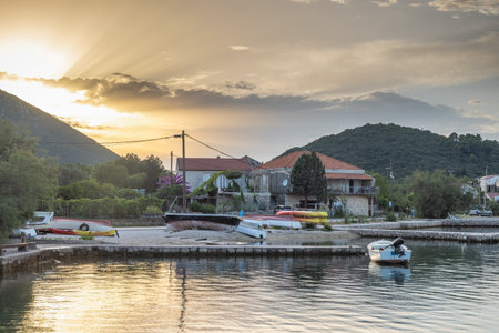 Mali Ston, village in Peljesac peninsula in Croatia, Europe. Tranquil waterfront scene with beached...