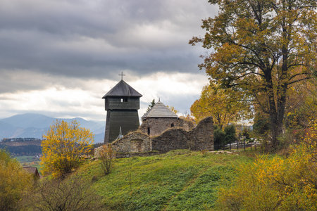 Wooden church in The Liptovska Anna village in northern Slovakia, Europe. Scenic view of a historic...