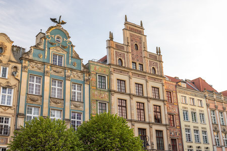 Gdansk, a city on the Baltic coast of northern Poland, Europe. Row of colorful historic buildings...