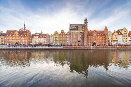 Gdansk, Poland - May 1, 2025: Historic centre of town with the Motlawa River. Picturesque waterfront...