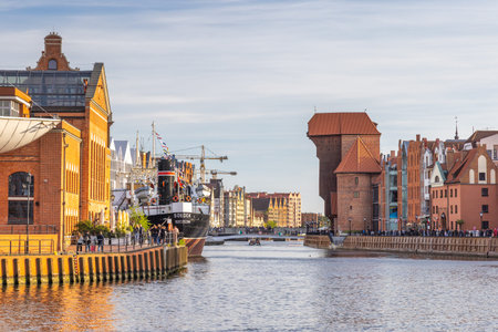 Gdansk, Poland - May 1, 2025: Historic centre of town with the Motlawa River. Cityscape featuring...