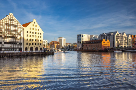 Gdansk, Poland - May 1, 2025: Historic centre of town with the Motlawa River. Cityscape view of...