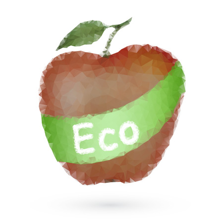 Polygonal red apple isolated on white. Illustration of low poly apple with a green banner. Symbol of eco food, organic products and healthy eating.のイラスト素材