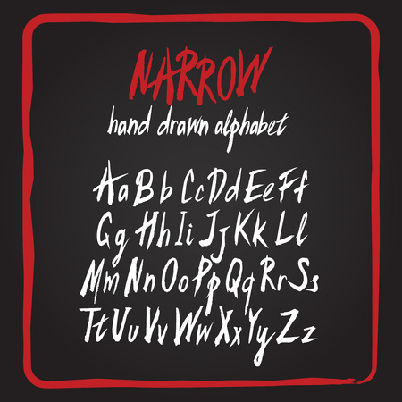 Hand drawn vector alphabet set. Brush painted rough letters. White chalk-like type letters on black board. Modern handwritten font in upper and lower case versions. Elements isolated for easy editingのイラスト素材