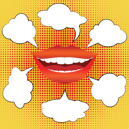 Pop art style smiling woman mouth with different blank speech bubbles. Sexy smile with red lips and white teeth on bright halftone background. Vector illustrationのイラスト素材