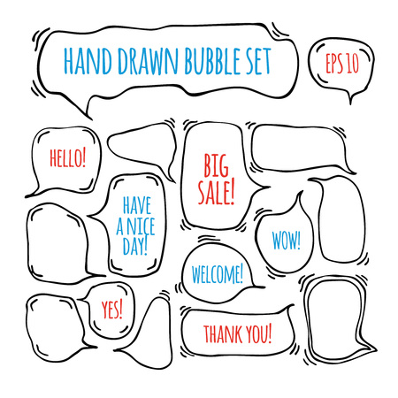 Hand drawn doodle speech bubbles set with accentuation, filled with example texts:  "Big sale!, Yes!,Thank you, Hello, Wow, Welcome, Have a nice day". Vector illustration.のイラスト素材