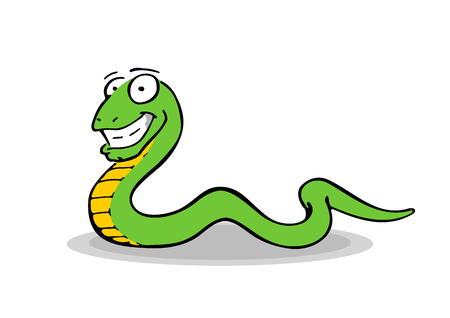 Simple freehand drawing of a smiling, crawling snake. Hand drawn colorful illustration of cool looking, green and yellow reptile with a long and curvy body. Scaly serpent, long tail and big smileのイラスト素材