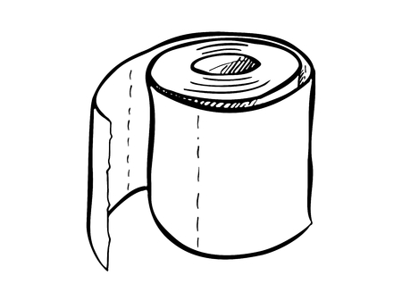 Single roll of toilet paper. Simple cartoon-like drawing of a hygienic paper created using ink-like, fluid, black lines. Illustration of an object associated with softness, health, cleannessのイラスト素材