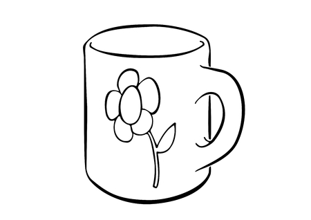 Simply drawn mug decorated with a flower. Cartoon-like illustration of a cup created using ink-like, simple, fluid, black lines on a white background. Simple object inspiring relaxation, pace, calm.のイラスト素材