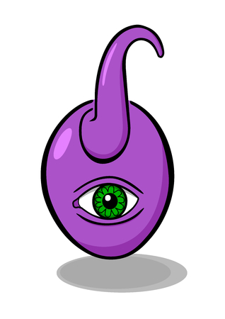 Purple, round shaped monster with one green eye and one tentacle. Cartoon like illustration of a demonic, fantasy creature that is scary, weird and funny. Drawing with simple shadows and light spotsのイラスト素材