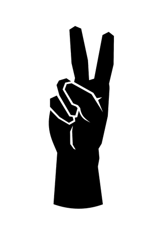 Black silhouette of a male hand with two fingers pointing up, black image on a white background with white lines defining fingers and thumb. Symbol of victory, peace . Simple, basic illustrationのイラスト素材