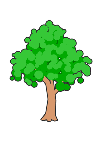 Simple composition of a lush, green tree. Illustration of serene looking, plant with a brown trunk and a rich foliage. Relaxing drawing, rich in colour with white background, outlined with a dark lineのイラスト素材