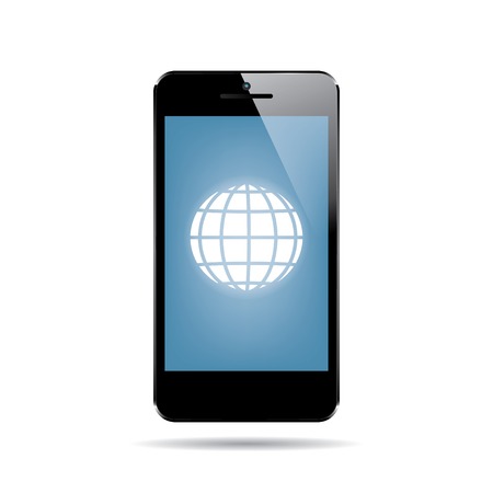icon of black smartphone with globe on display. vector. のイラスト素材