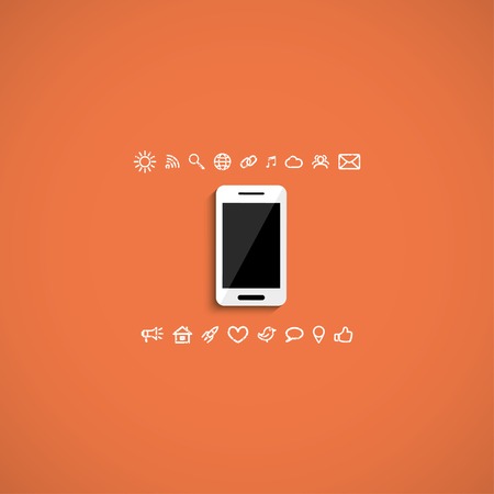 multimedia icons and white smartphone with black blank screen for app. のイラスト素材