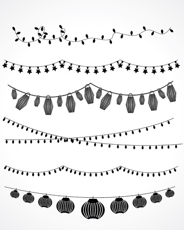 festive garland lights and Chinese lanterns. vector setのイラスト素材