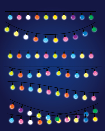 colorful light bulbs hanging on wires. vector setのイラスト素材