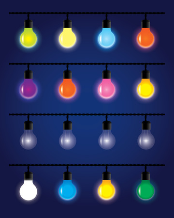 colorful light bulbs hanging on wires. vector set decorationsのイラスト素材