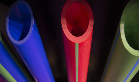 blue green and red plastic PPR PE pipeline tubesの写真素材