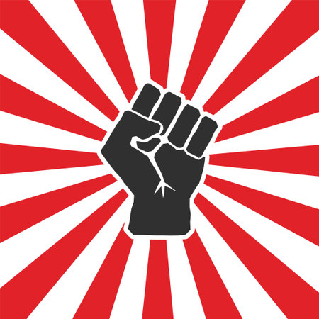 Raised fist icon. Vector illustration. White and red rays on red background.のイラスト素材