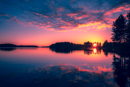 Beautiful sunset over the lake with reflection in the water, Finlandの写真素材