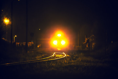 Train lights in the darkness. Photo from Sotkamo, Finland.の写真素材