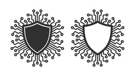 Cyber Security Icon. Shield Security Lock. Machine learning micropchip symbol, ML icon, Artificial...