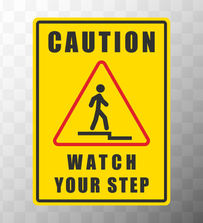 Stairway warning sign. Watch Step Down caution icon symbol. Vector illustration image. Isolated on background.のイラスト素材