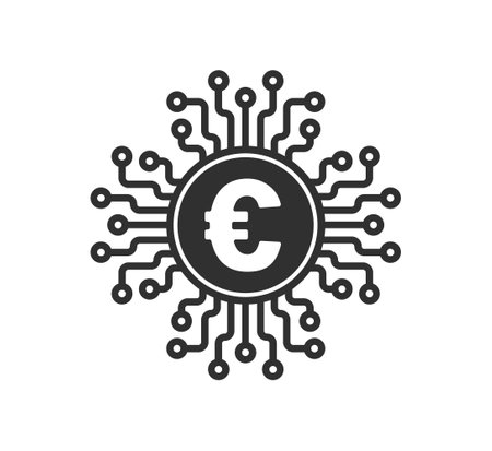 Euro digital online money icon symbol. Web Cryptocurrency, technology sign. Vector illustration image. Isolated on white background.のイラスト素材