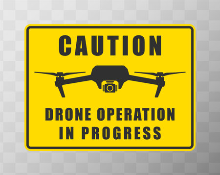 Caution Drone operation in progress. Quadcopter flying icon symbol. Danger Drone fpv copter with action camera. Photo and video filming. Vector illustration image.のイラスト素材