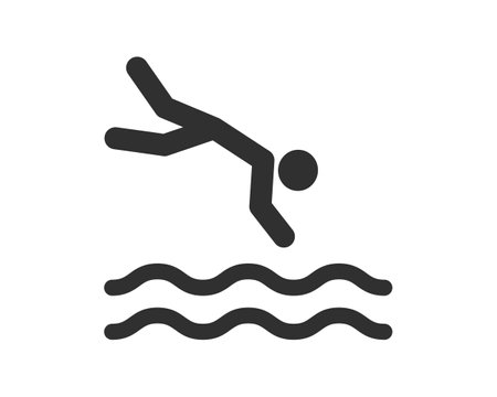 Jumping to the water icon symbol. Man diving logo sign. Vector illustration image. Swimming diving spot area.のイラスト素材