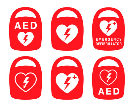 AED emergency defibrillator icon sign symbol. First aid Automated external defibrillator. Vector illustration. Isolated on white background.のイラスト素材