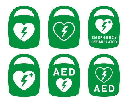 AED emergency defibrillator icon sign symbol. First aid Automated external defibrillator. Vector illustration. Isolated on white background.のイラスト素材