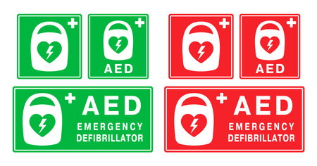 AED emergency defibrillator icon sign symbol. First aid Automated external defibrillator. Vector illustration. Isolated on white background.のイラスト素材