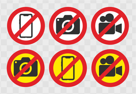 No Photographing prohibition sign symbol icon. No Video, photo, phone not allowed, prohibited logo pictogram. Vector illustration. Isolated on white background.のイラスト素材