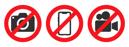 No Photographing prohibition sign symbol icon. No Video, photo, phone not allowed, prohibited logo pictogram. Vector illustration. Isolated on white background.のイラスト素材